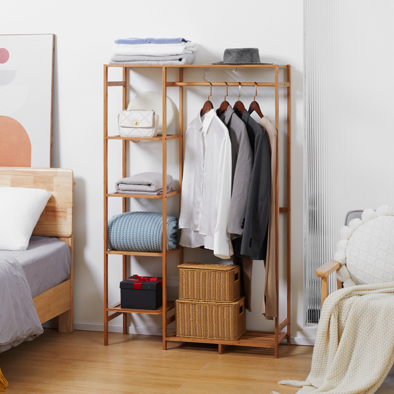 Stylish Bamboo Clothes Rail with 6-Tier Shelves - Space-Saving Storage Solution