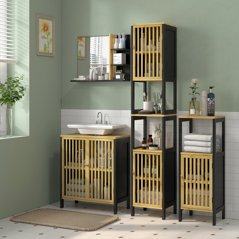 Chic Bamboo Under Sink Cabinet with Adjustable Shelf & Retro Charm