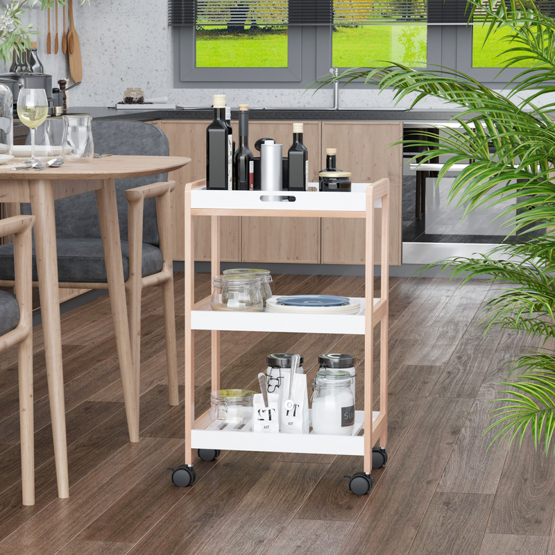 Stylish Bamboo & MDF Kitchen Trolley - 3-Tier with Smooth Rolling Casters