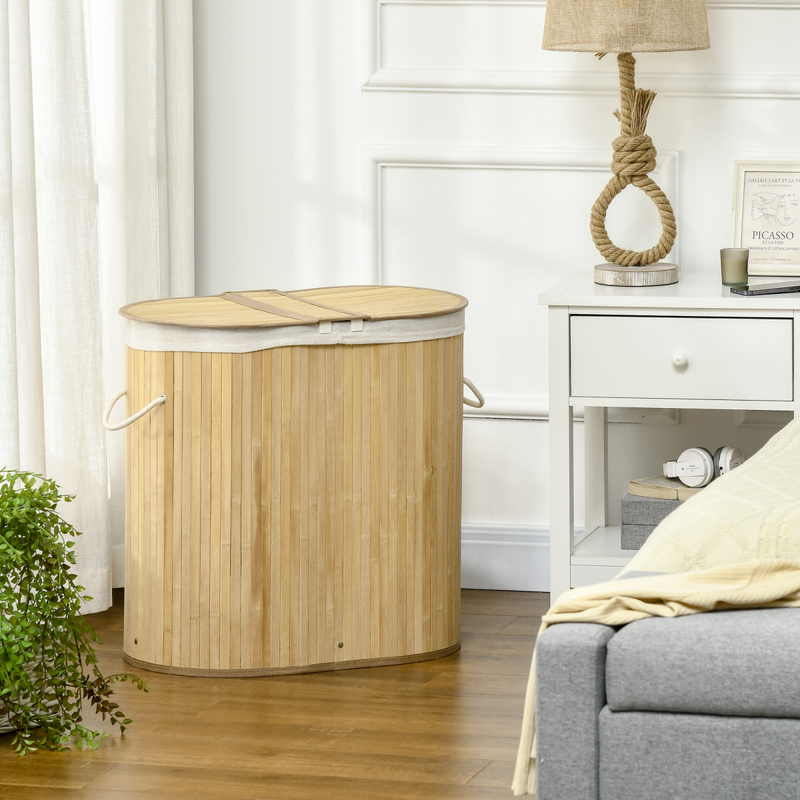 Smart 100L Bamboo Laundry Basket with Dual Compartments - Natural HOMCOM