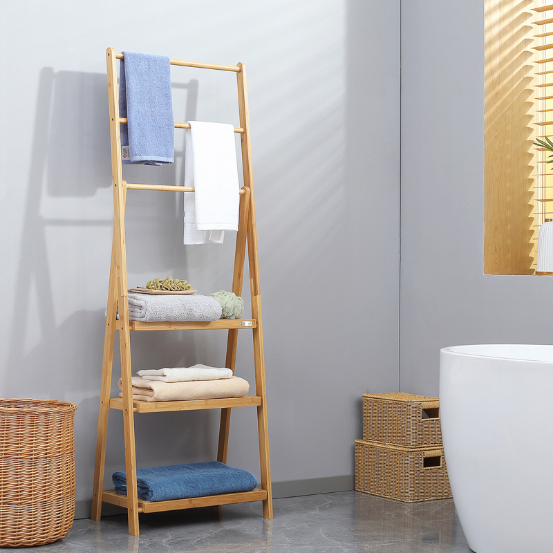 Versatile Foldable Bamboo Towel Rack with 3 Bars & Shelves for Space-Saving Style