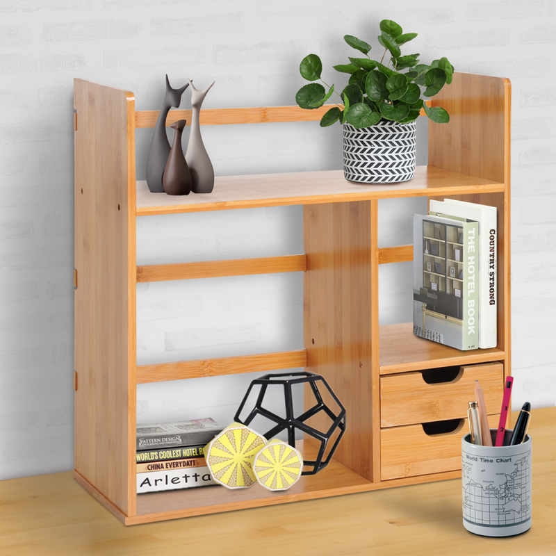 Versatile Bamboo Desk Organizer with 2 Drawers & 180° Rotatable Design