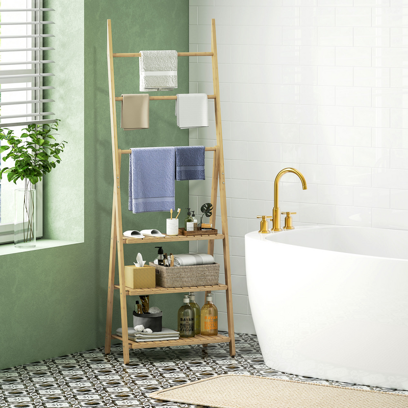 Stylish Bamboo 3-Tier Bathroom Shelving Unit with Towel Bars – Space-Saving Elegance
