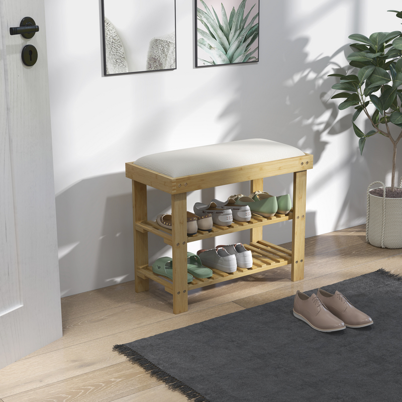 Stylish HOMCOM Bamboo Shoe Storage Bench with Soft Cushion for Entryway Comfort