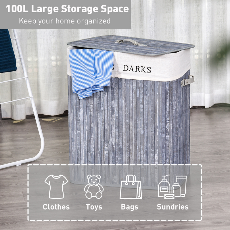 Double-Section Bamboo Laundry Hamper with Removable Lining & Easy Handles