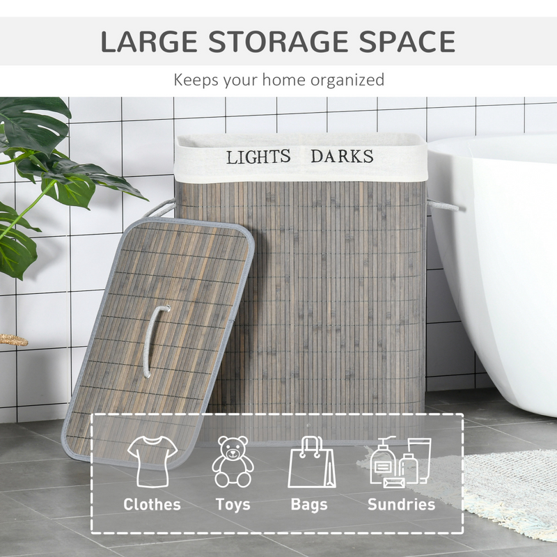 100L Dual-Section Bamboo Laundry Basket with Flip Lid & Carry Handles