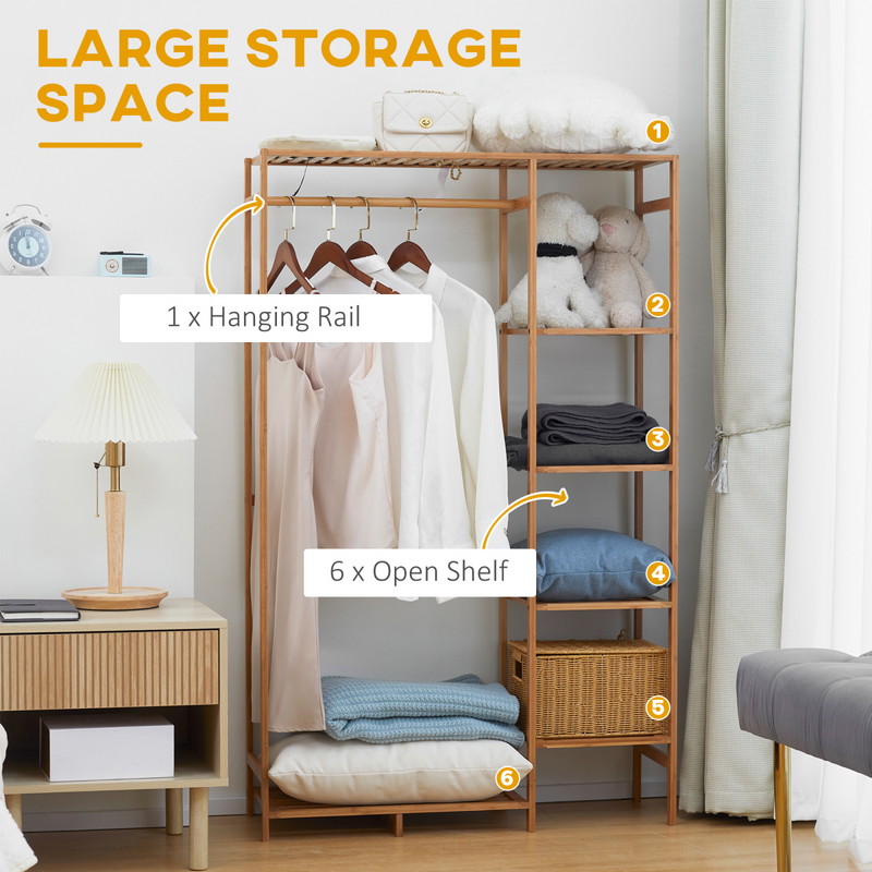 Stylish Bamboo Clothes Rail with 6-Tier Shelves - Space-Saving Storage Solution