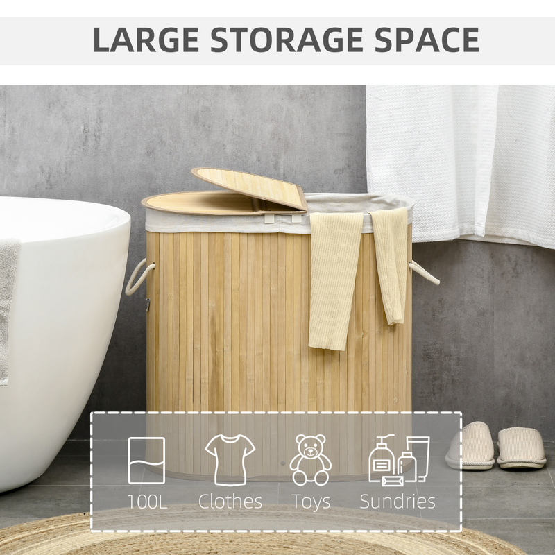 Smart 100L Bamboo Laundry Basket with Dual Compartments - Natural HOMCOM