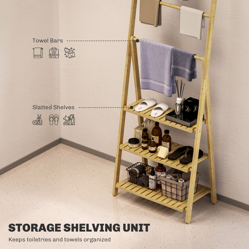 Stylish Bamboo 3-Tier Bathroom Shelving Unit with Towel Bars – Space-Saving Elegance