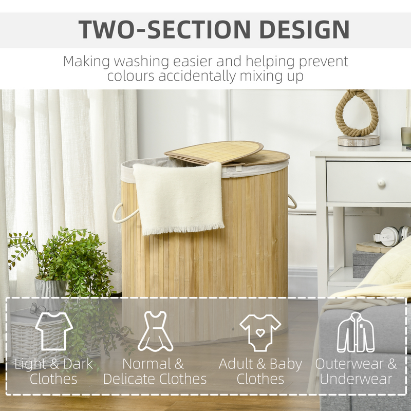 Smart 100L Bamboo Laundry Basket with Dual Compartments - Natural HOMCOM