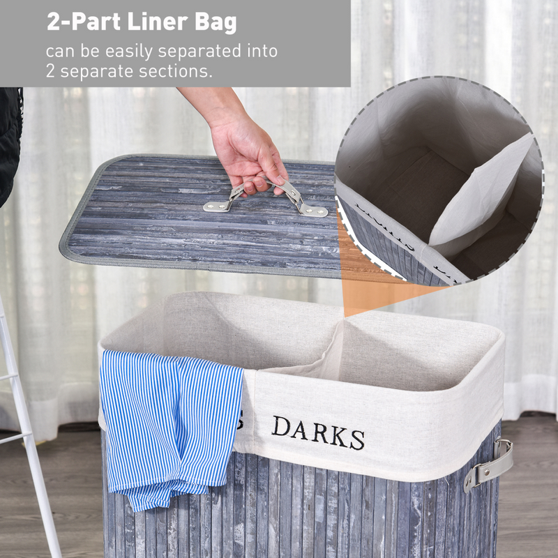 Double-Section Bamboo Laundry Hamper with Removable Lining & Easy Handles