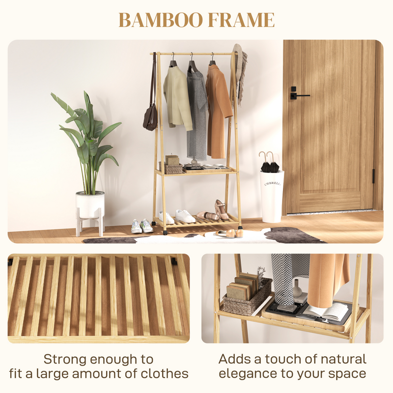 Stylish HOMCOM Bamboo Clothes Rack & Storage Shelves - Space-Saving Elegance