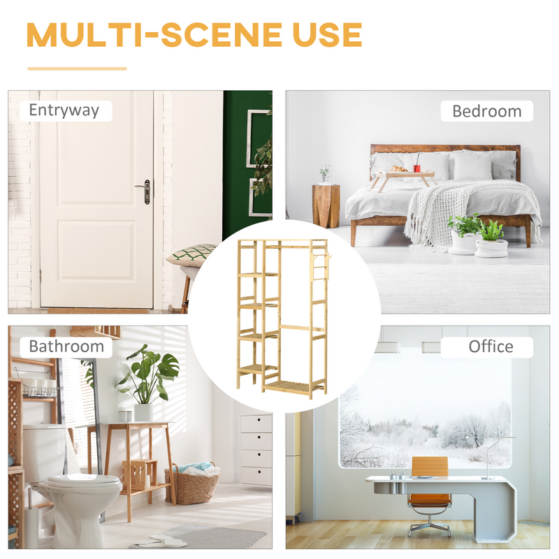 Bamboo Entryway Coat Rack: Multi-Functional Storage with Hooks & Shelves