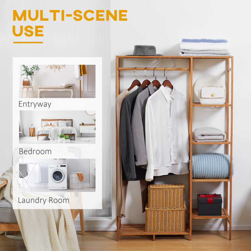 Stylish Bamboo Clothes Rail with 6-Tier Shelves - Space-Saving Storage Solution