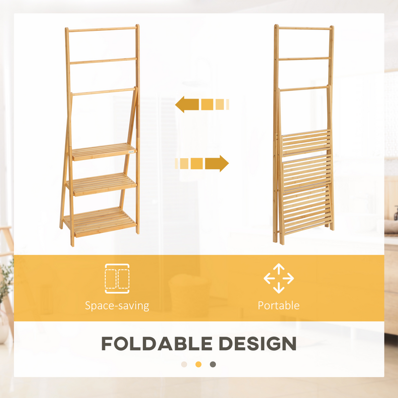 Versatile Foldable Bamboo Towel Rack with 3 Bars & Shelves for Space-Saving Style