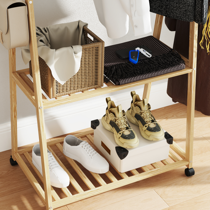 Stylish HOMCOM Bamboo Clothes Rack & Storage Shelves - Space-Saving Elegance