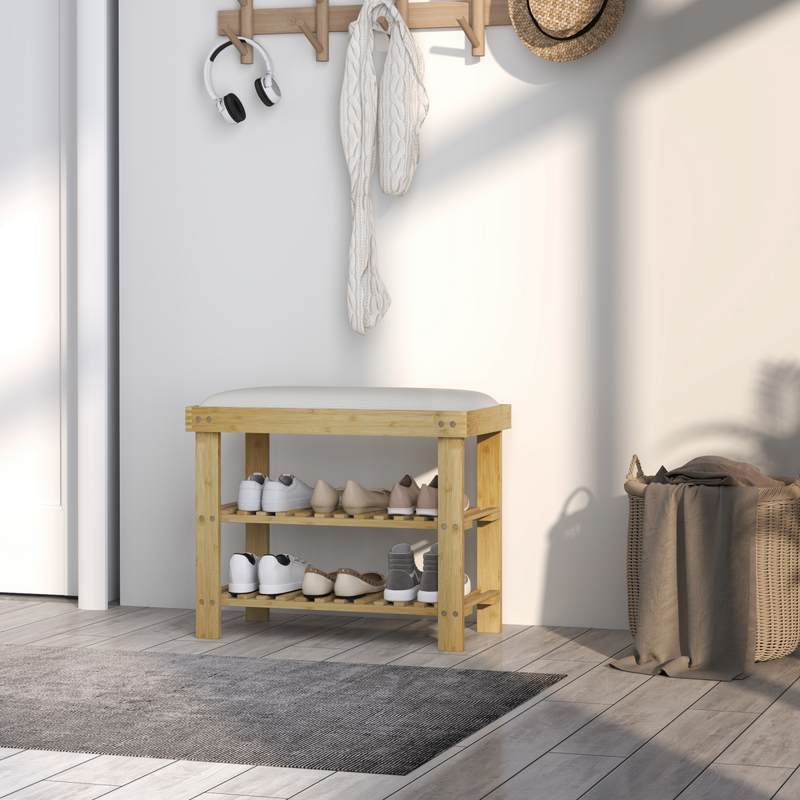 Stylish HOMCOM Bamboo Shoe Storage Bench with Soft Cushion for Entryway Comfort