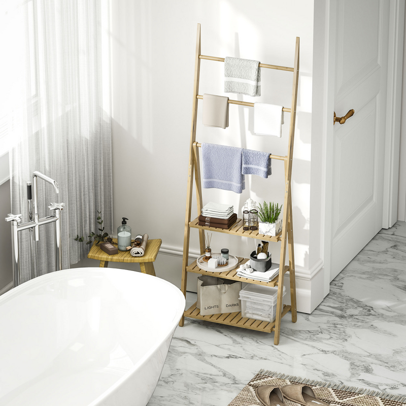 Stylish Bamboo 3-Tier Bathroom Shelving Unit with Towel Bars – Space-Saving Elegance