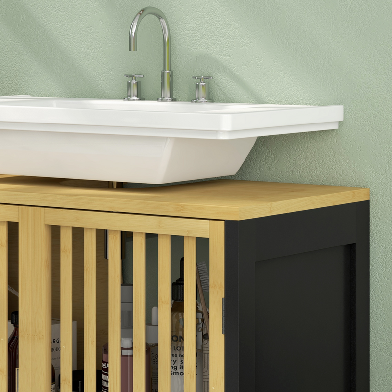 Chic Bamboo Under Sink Cabinet with Adjustable Shelf & Retro Charm
