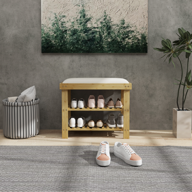 Stylish HOMCOM Bamboo Shoe Storage Bench with Soft Cushion for Entryway Comfort