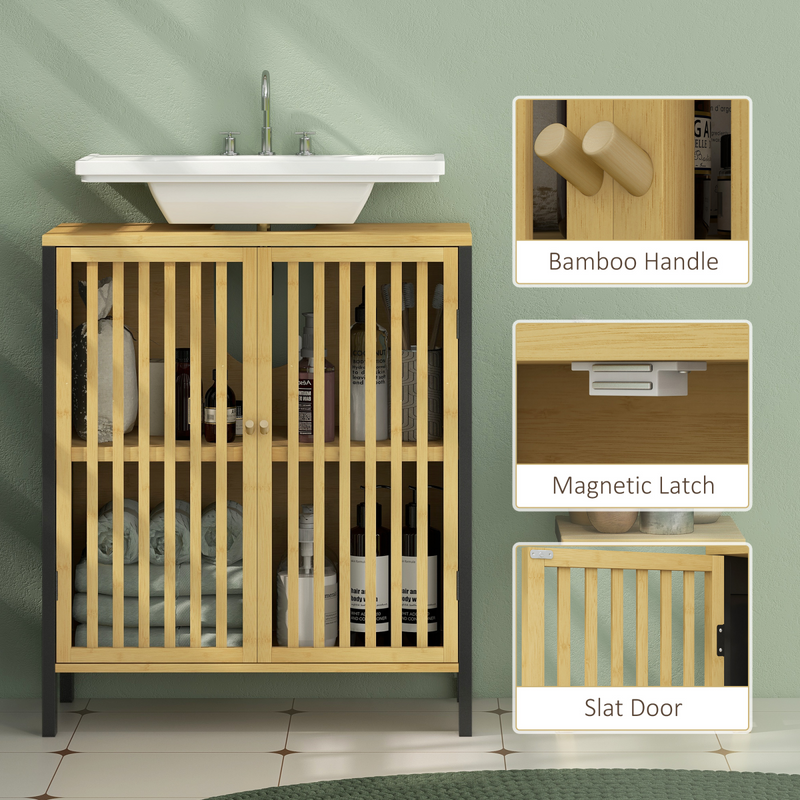 Chic Bamboo Under Sink Cabinet with Adjustable Shelf & Retro Charm