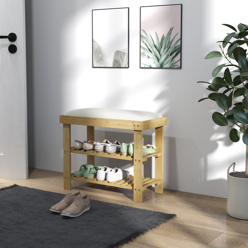 Stylish HOMCOM Bamboo Shoe Storage Bench with Soft Cushion for Entryway Comfort
