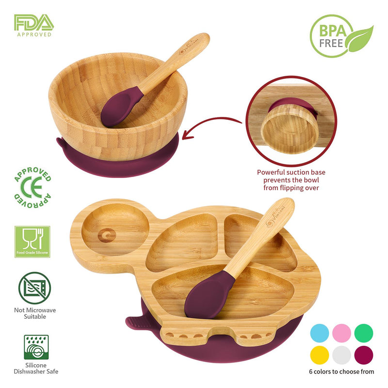 Eco-Friendly Bamboo Turtle Plate & Bowl Set with Suction Spoons for Kids - Bamboo Craze