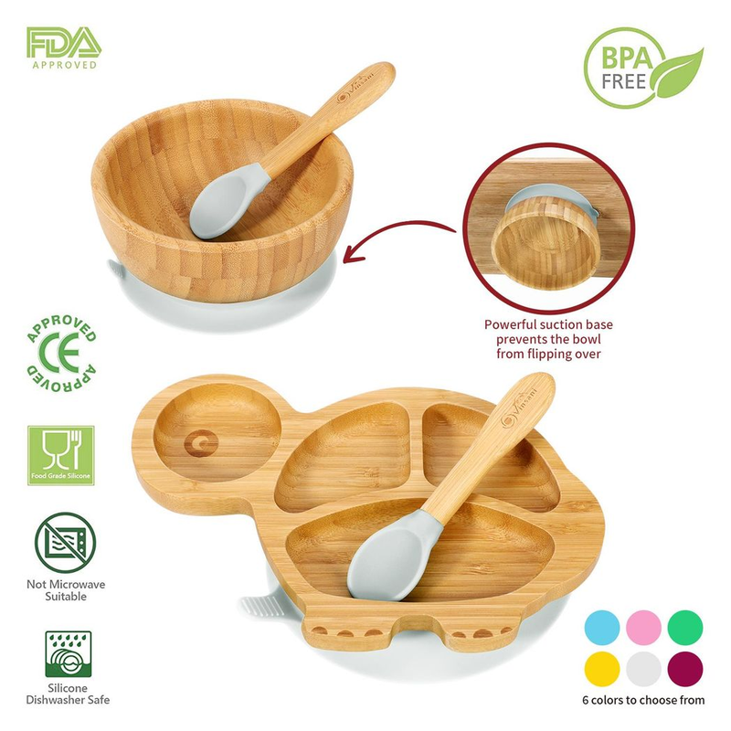 Eco-Friendly Bamboo Turtle Plate & Bowl Set with Suction Spoons for Kids - Bamboo Craze
