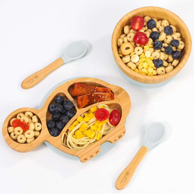 Eco-Friendly Bamboo Turtle Plate & Bowl Set with Suction Spoons for Kids - Bamboo Craze