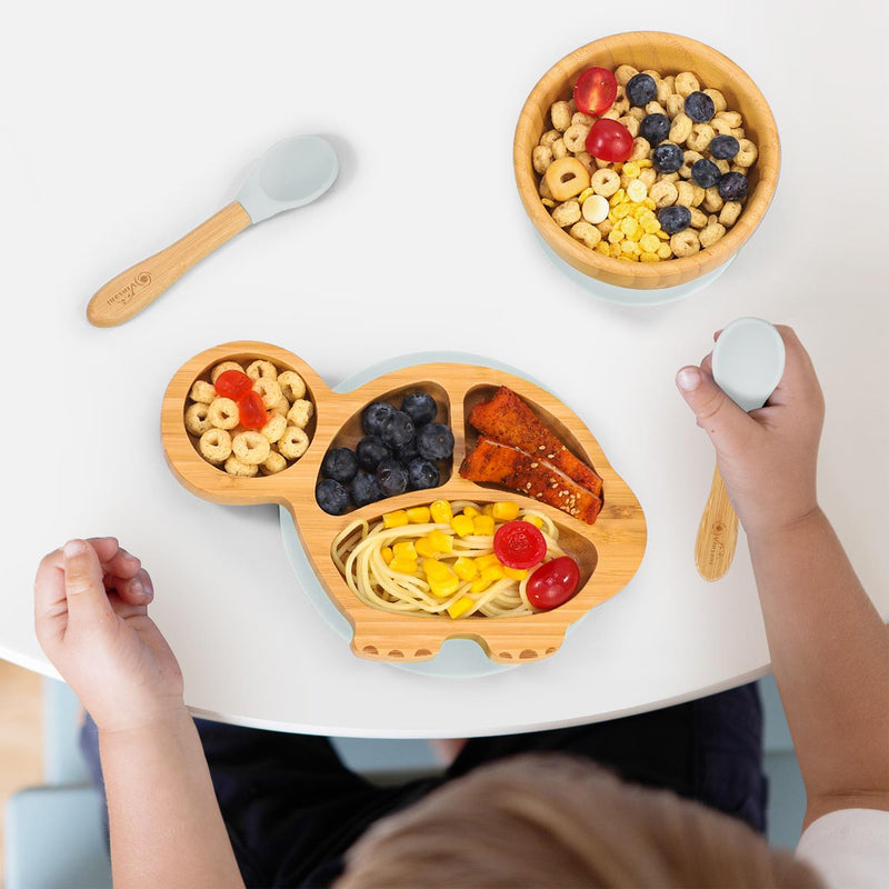 Eco-Friendly Bamboo Turtle Plate & Bowl Set with Suction Spoons for Kids - Bamboo Craze