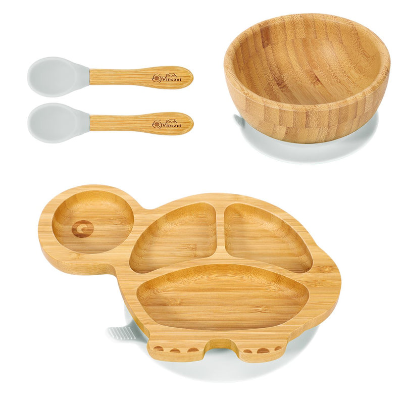 Eco-Friendly Bamboo Turtle Plate & Bowl Set with Suction Spoons for Kids - Bamboo Craze