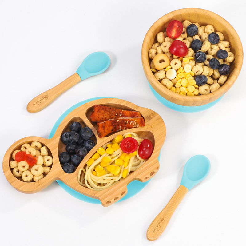 Eco-Friendly Bamboo Turtle Plate & Bowl Set with Suction Spoons for Kids - Bamboo Craze