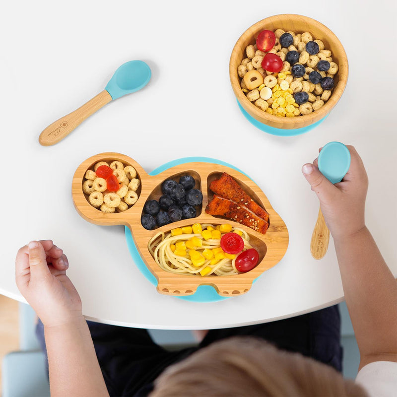 Eco-Friendly Bamboo Turtle Plate & Bowl Set with Suction Spoons for Kids - Bamboo Craze