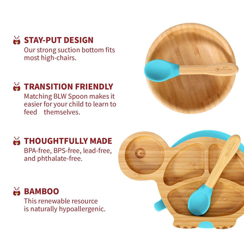 Eco-Friendly Bamboo Turtle Plate & Bowl Set with Suction Spoons for Kids - Bamboo Craze