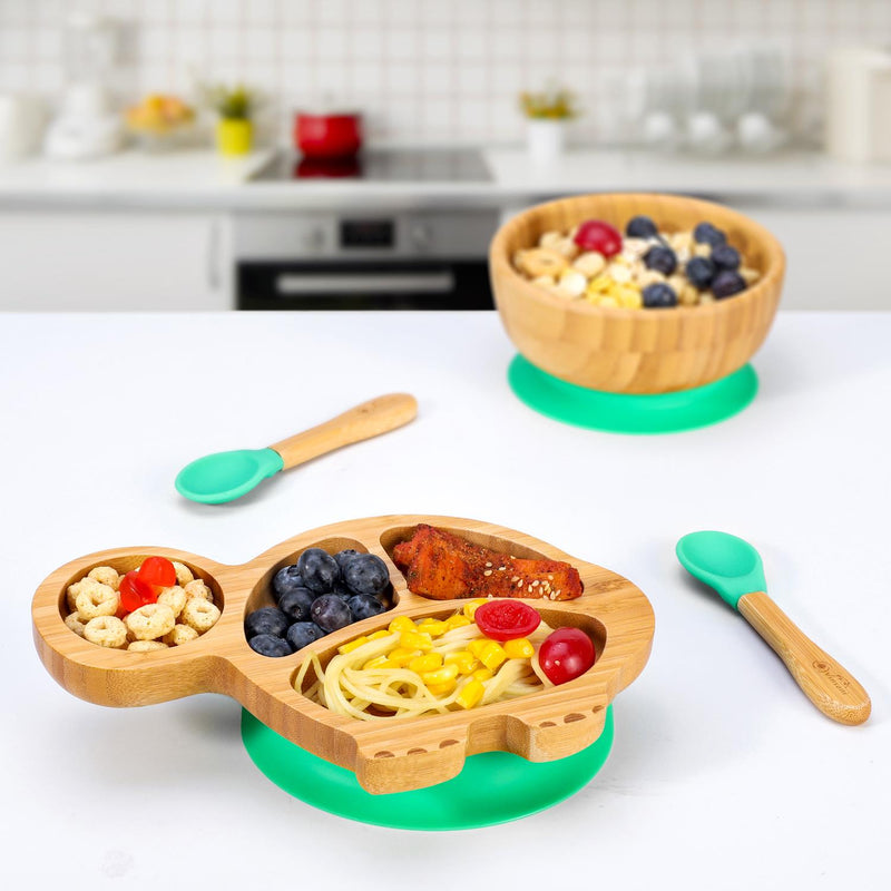 Eco-Friendly Bamboo Turtle Plate & Bowl Set with Suction Spoons for Kids - Bamboo Craze