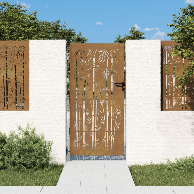 Rusty Corten Steel Garden Gate with Elegant Bamboo Design - 85x200 cm