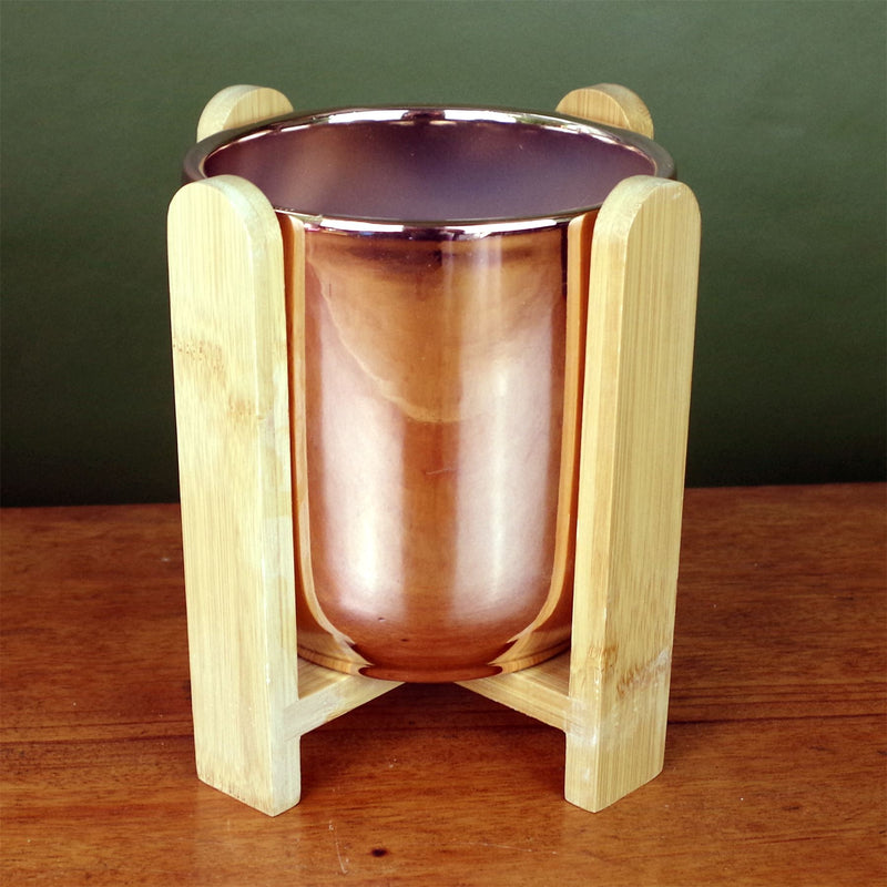 Luxurious Gold Ceramic Planter with Elegant Bamboo Stand – Perfect for Any Plant