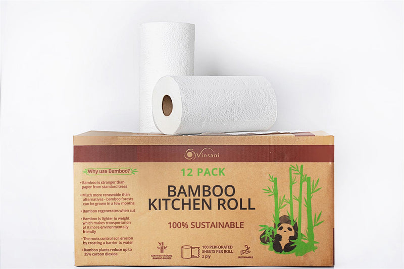 Vinsani Eco-Friendly Bamboo Kitchen Rolls - 12 Pack, Super Absorbent & Durable