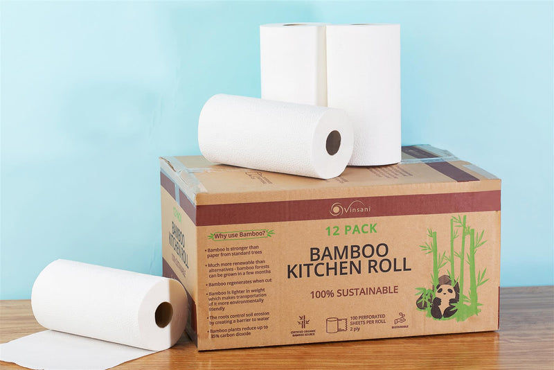 Vinsani Eco-Friendly Bamboo Kitchen Rolls - 12 Pack, Super Absorbent & Durable