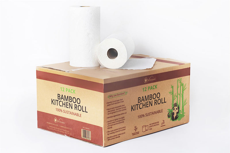 Vinsani Eco-Friendly Bamboo Kitchen Rolls - 12 Pack, Super Absorbent & Durable