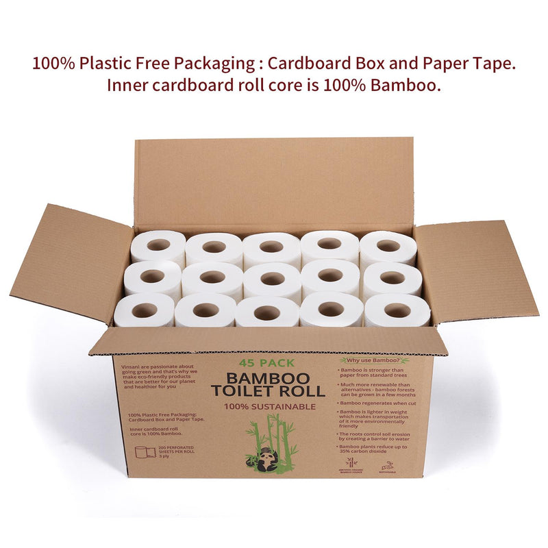VINSANI Eco-Friendly Bamboo Toilet Rolls - 45 Sustainable & Comfortable Sheets