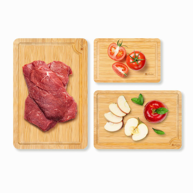 VINSANI Bamboo Chopping Board Set - 3 Sizes, Natural & Versatile Kitchen Essential