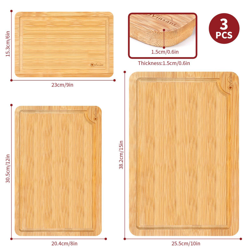 VINSANI Bamboo Chopping Board Set - 3 Sizes, Natural & Versatile Kitchen Essential