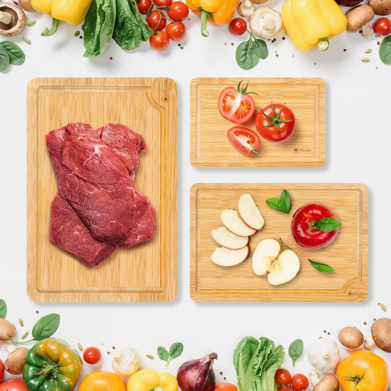 VINSANI Bamboo Chopping Board Set - 3 Sizes, Natural & Versatile Kitchen Essential
