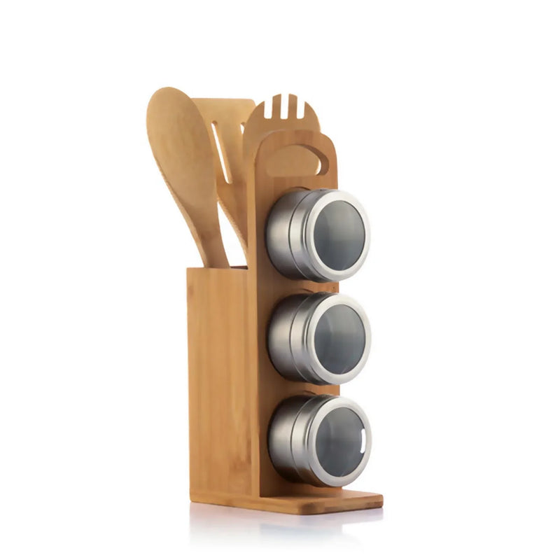 Bamsa 7-Piece Magnetic Spice Rack & Bamboo Utensil Set for Effortless Cooking - Bamboo Craze
