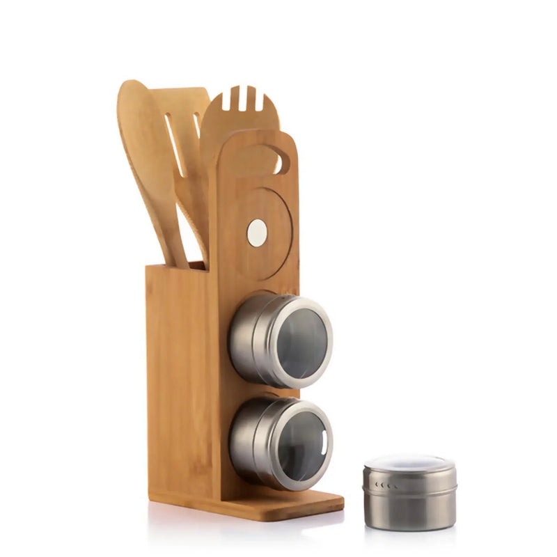 Bamsa 7-Piece Magnetic Spice Rack & Bamboo Utensil Set for Effortless Cooking - Bamboo Craze