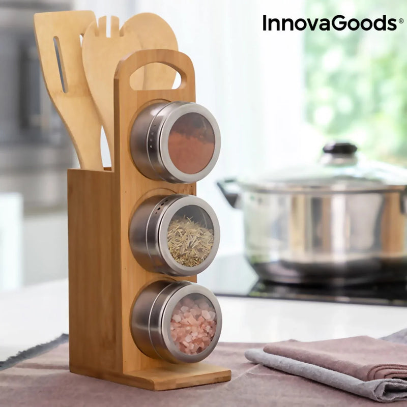 Bamsa 7-Piece Magnetic Spice Rack & Bamboo Utensil Set for Effortless Cooking - Bamboo Craze