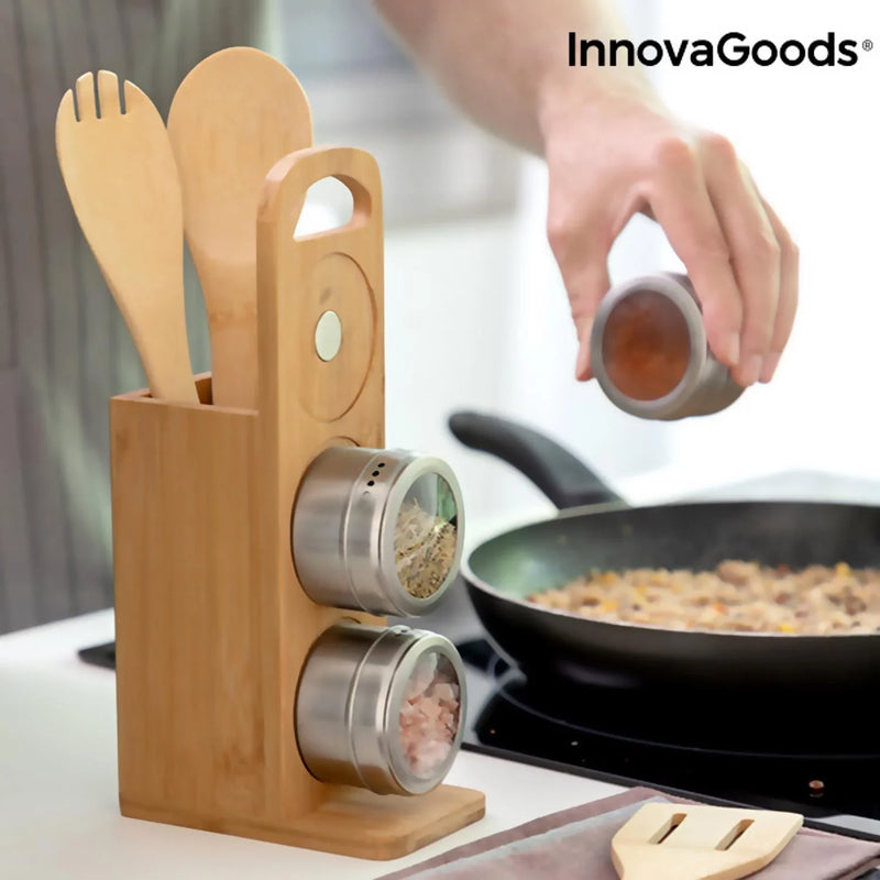 Bamsa 7-Piece Magnetic Spice Rack & Bamboo Utensil Set for Effortless Cooking - Bamboo Craze