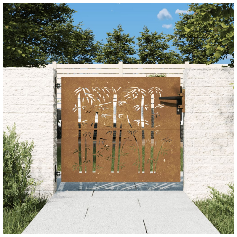Rusty Corten Steel Garden Gate - Stylish Bamboo Design, 85x100 cm