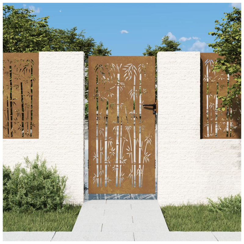 Rusty Corten Steel Garden Gate with Elegant Bamboo Design - 85x200 cm